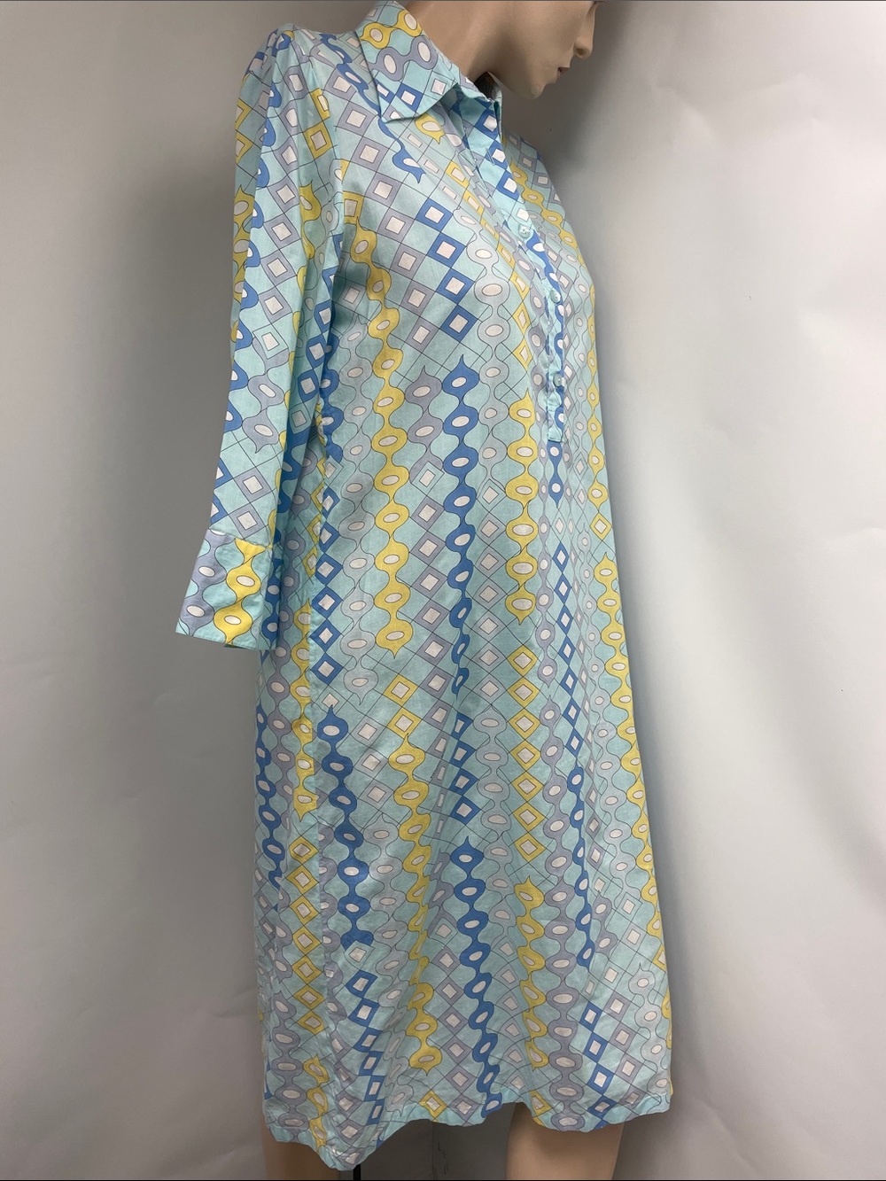 Averardo Bessi Light Blue Geometric Maxi Dress, Collared Long Sleeve, Size 14 - Picture 2 of 11